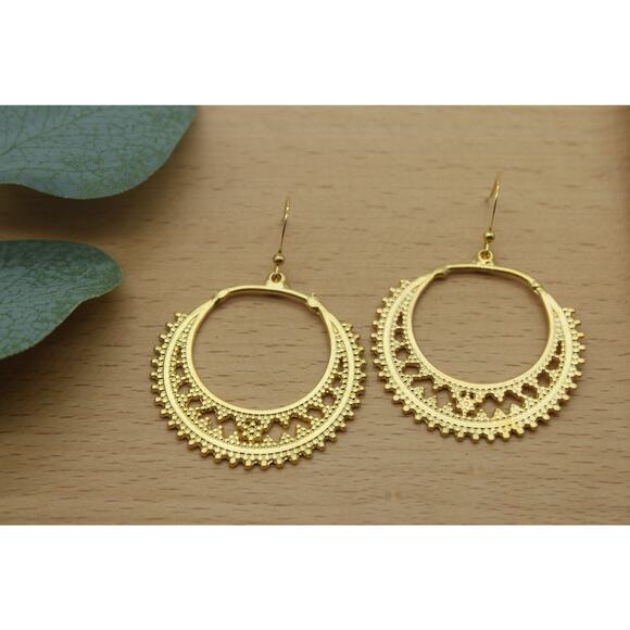 5/$25 Gold Ornamental Round Hoop Decorative Earrings - Picture 1 of 3